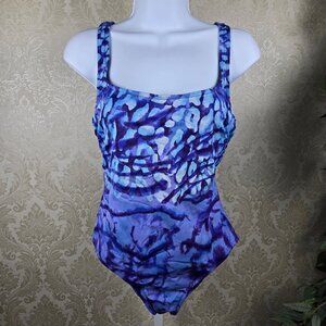 SlimASize Size 12 One Piece Swimsuit Purple Blue Watercolor Leopard Print